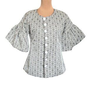 NWT Nuvula Blazer Jacket Sz.L Ruffle Sleeve Grey White Victorian Art To Wear